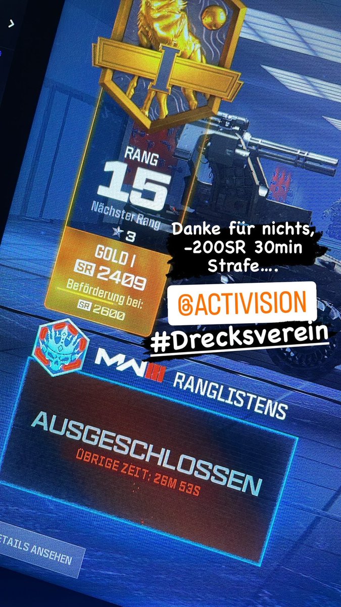 Wirklich Riesen Dank <a href="/Activision/">Activision</a> <a href="/ATVIAssist/">Activision Support</a> <a href="/CallofDuty/">Call of Duty</a>  -200SR 30min Strafe weil 2x deverror 🙈