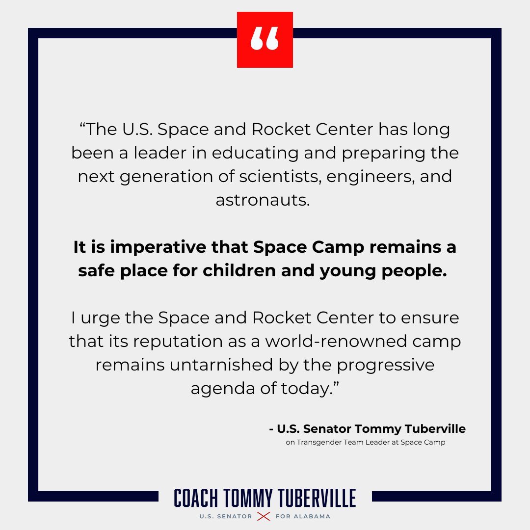 SenTuberville's tweet image. It is imperative that Space Camp remains a safe place for children to learn and grow in STEM education to become the next generation of scientists, engineers, and astronauts.

⬇️ My full statement below:
