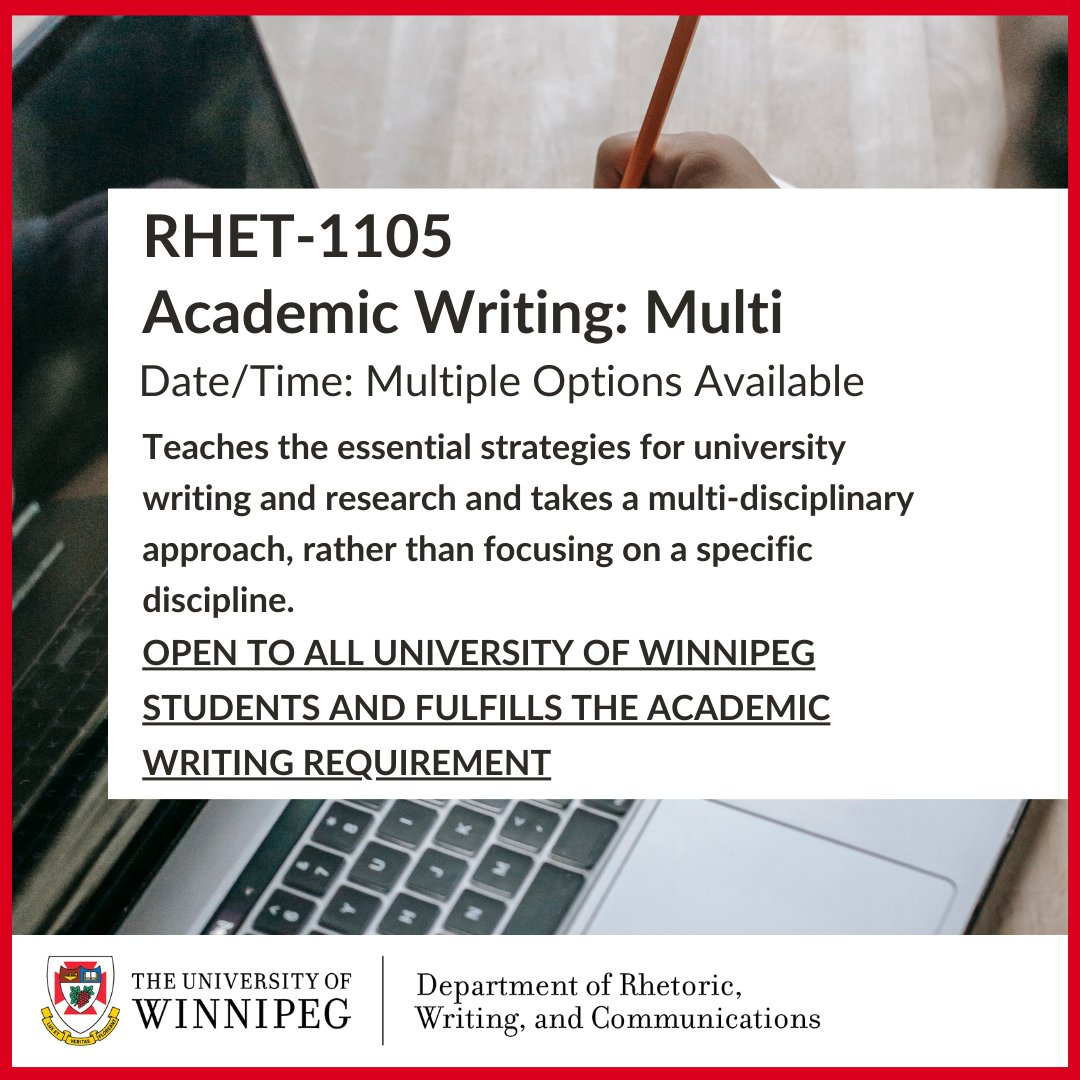 Registration for spring courses starts in one week! Let's take a look at the courses the department is offering:

Up first is RHET-1105 Academic Writing: Multi!

Be sure to check WebAdvisor and your student webmail for more information about the course and when you can register!