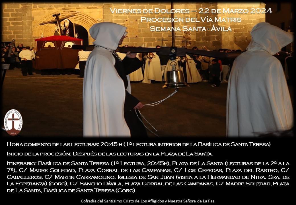 Cartel Viernes de Dolores 2024.
Representa dos cofrades cargando con la campana llamando al silencio, detrás podemos observar a nuestros sagrados titulares sobre su monte de claveles rojos.