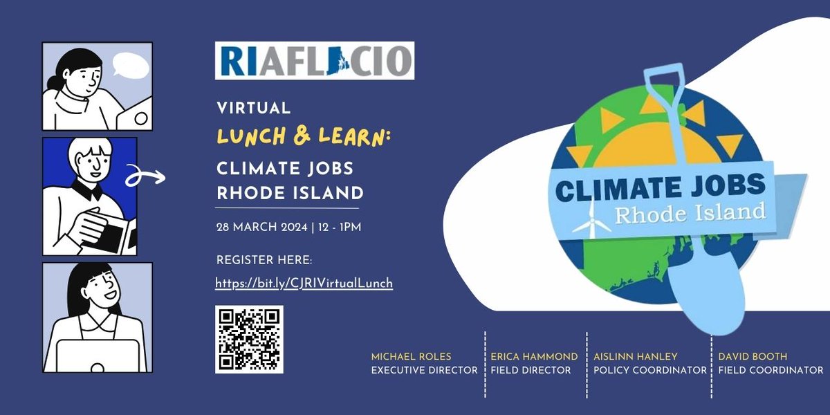 Join us Thursday, March 28th at noon for this month's virtual lunch and learn with @climatejobsri! Learn about work being done for a just transition to an equitable, pro-worker, pro-climate green economy 🌎✊ Register now at bit.ly/CJRIVirtualLun…