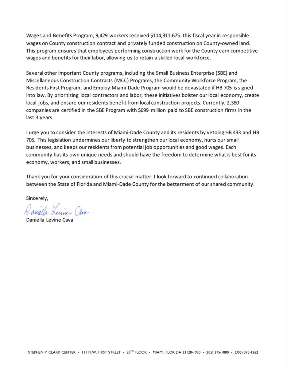 I urge <a href="/GovRonDeSantis/">Ron DeSantis</a> to veto HB433 and HB705, and protect our local freedom to pay workers fairly and help local businesses. 

The ripple effect of these bills could be devastating as they would cut wages for thousands of workers and end programs that benefit small businesses.
