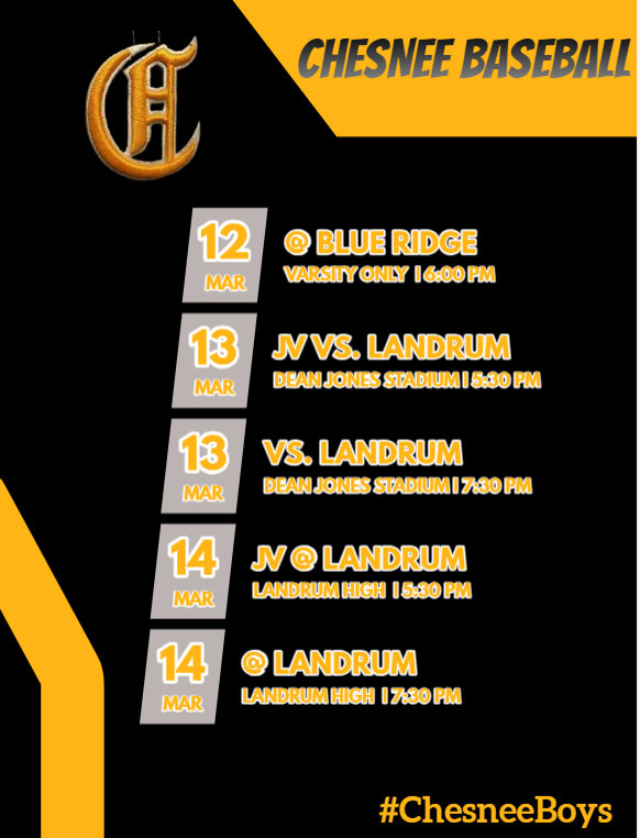 Chesnee Baseball (@chesneebaseball) on Twitter photo The week ahead for <a href="/ChesneeBaseball/">Chesnee Baseball</a>. The JV game for Monday night has been postponed with a date to be determined. The week ahead for <a href="/ChesneeBaseball/">Chesnee Baseball</a>. The JV game for Monday night has been postponed with a date to be determined.
