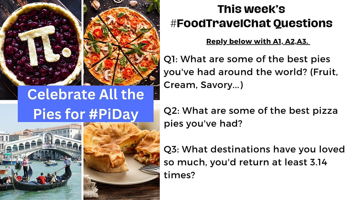 Inspired by #PiDay on 3/14, let’s #FoodTravelChat about pies! Reply to questions below or choose “Quote' & add #FoodTravelChat so we see it. Join our team @adventuringgal @carollivestoeat @ChrisPappinMCC @ourtastytravels + host @realfoodtravel
