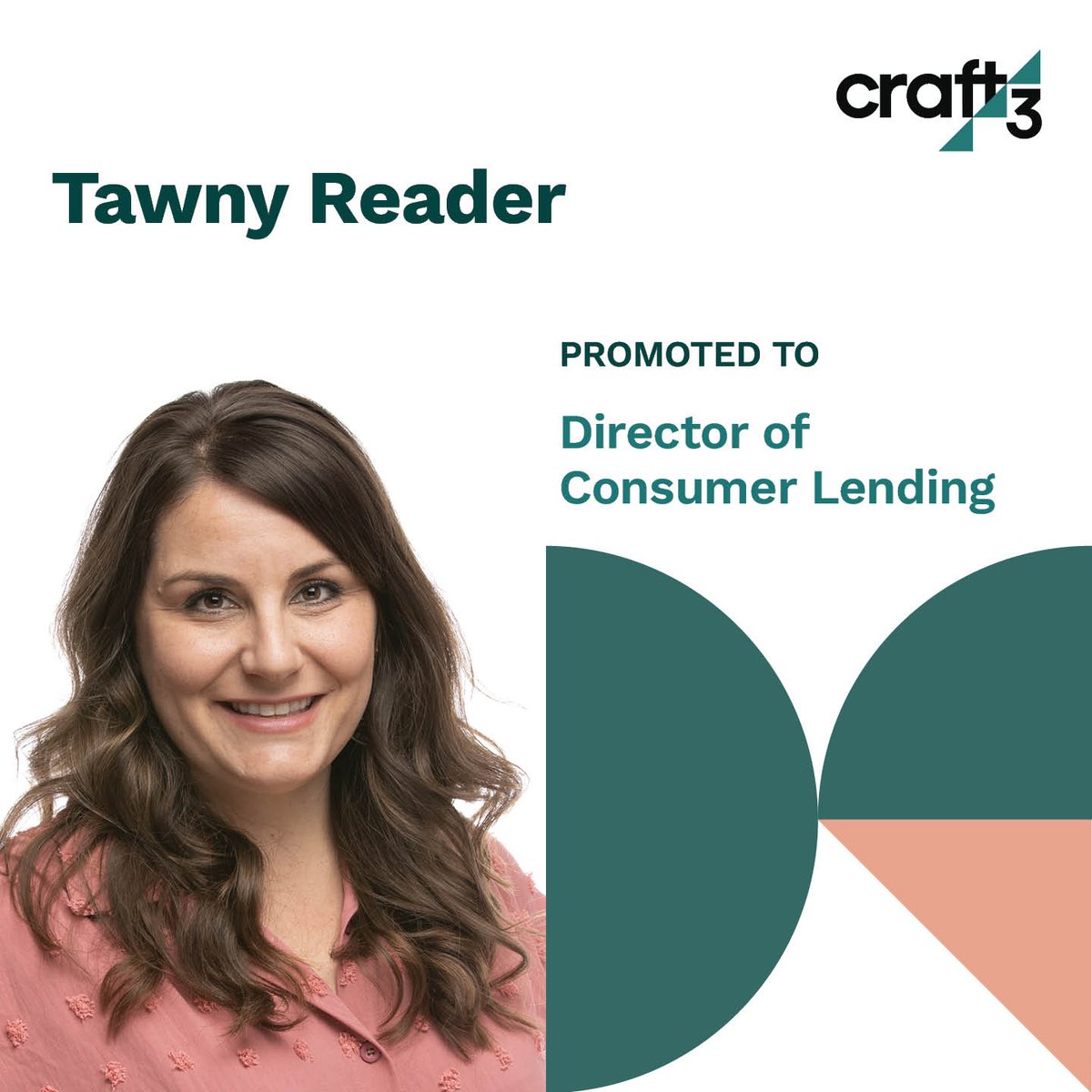 Craft3Org's tweet image. Big News! Were thrilled to share that Tawny Reader has been promoted to Director of Consumer Lending at Craft3! Craft3 values internal talent, and Tawny's promotion is a prime example of our commitment to promoting from within. Congratulations, Tawny! #Craft3Team #PromoteWithin