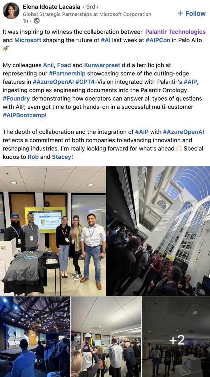 $PLTR Microsoft Employee: 'It was inspiring to witness the collaboration between Palantir Technologies and Microsoft shaping the future of #AI last week at #AIPCon in Palo Alto'

'The depth of collaboration and the integration of #AIP with #AzureOpenAI reflects a commitment of