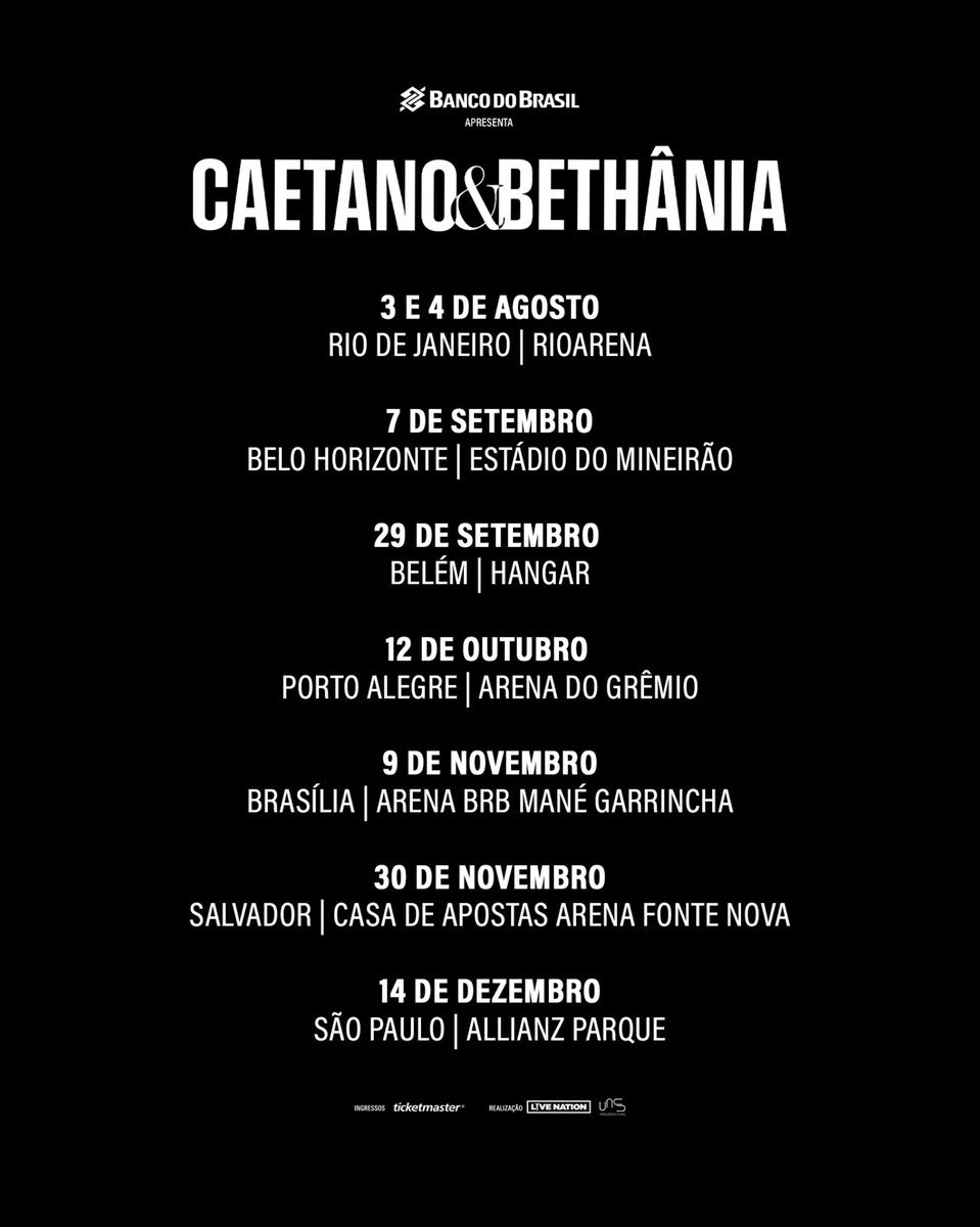 Atenção! No próximo domingo (17/03) começa a pré-venda da turnê #CaetanoEBethânia. ❤️

👉🏼 Fiquem atentos às datas e horários das vendas. Para a sua segurança, não compre em outros sites! Somente a Ticketmaster é o canal de vendas desta turnê. 👀

#CaetanoEBethâniaTour