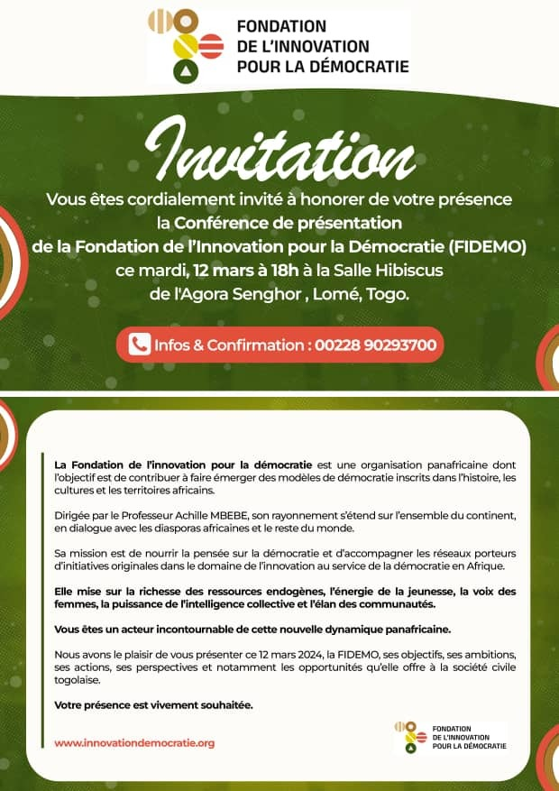 InadesTogo's tweet photo. En marge de ce séminaire, il est prévu demain mardi 12 mars 2024 à 18h, une conférence de présentation de la Fondation de l'Innovation pour la Démocratie (FIDEMO) à Agora Senghor.
L'entrée est libre et gratuite. 
NB: Confirmer sa présence via ce lien:
https://t.co/H25NzdJnzU https://t.co/3G0GEhR4fM