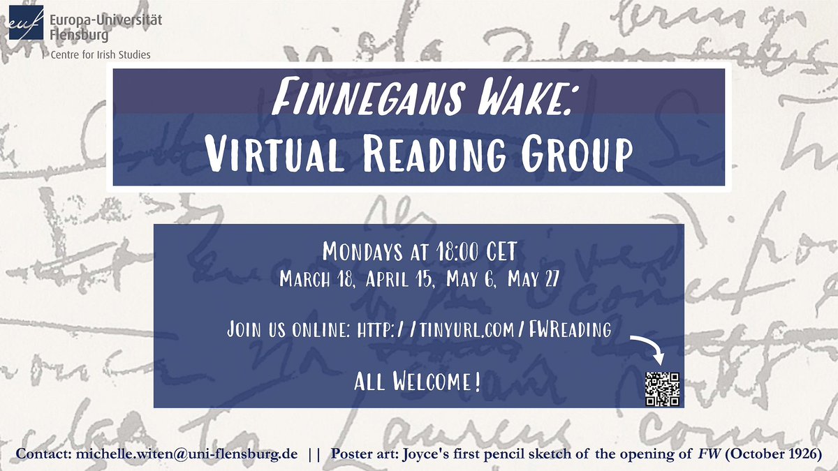 🎺🎺🎺 We’re back and we’re virtual!!! Join us on March 18 at 18:00CET for the EUF Finnegans Wake Reading Group!! 📖🤓📚 

See poster or website for more details including the webex link: uni-flensburg.de/?55879

#joyce #readinggroup #finneganswake #virtuallife #wakinglife