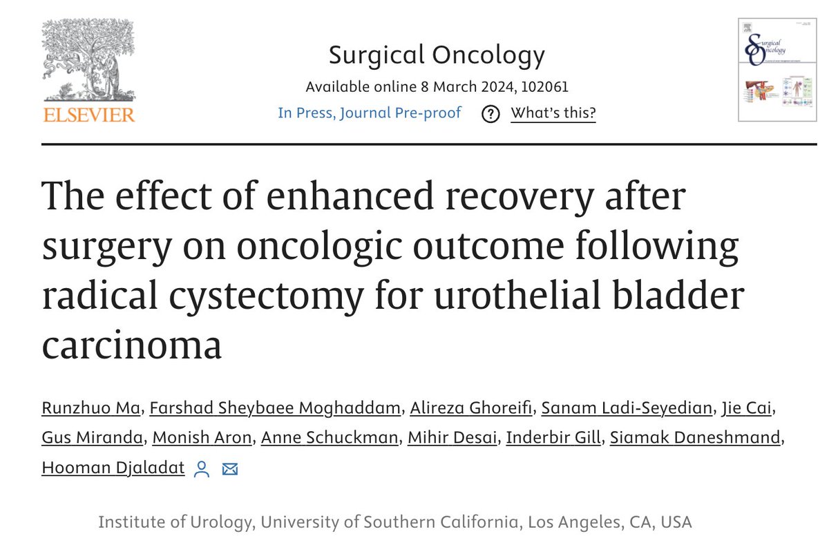 🔥Just published online ▶️ 2111 pts: 967 ERAS and 1144 non-ERAS 🩸Better perioperative outcomes (EBL, Transfusion, LOS) with ERAS 🎗️ERAS showed no significant impact on OS and RFS @Runzhuo_Ma @FarshadSheybaee @Hoomandjaladat @USC_Urology @ErasSociety 🔗sciencedirect.com/science/articl…