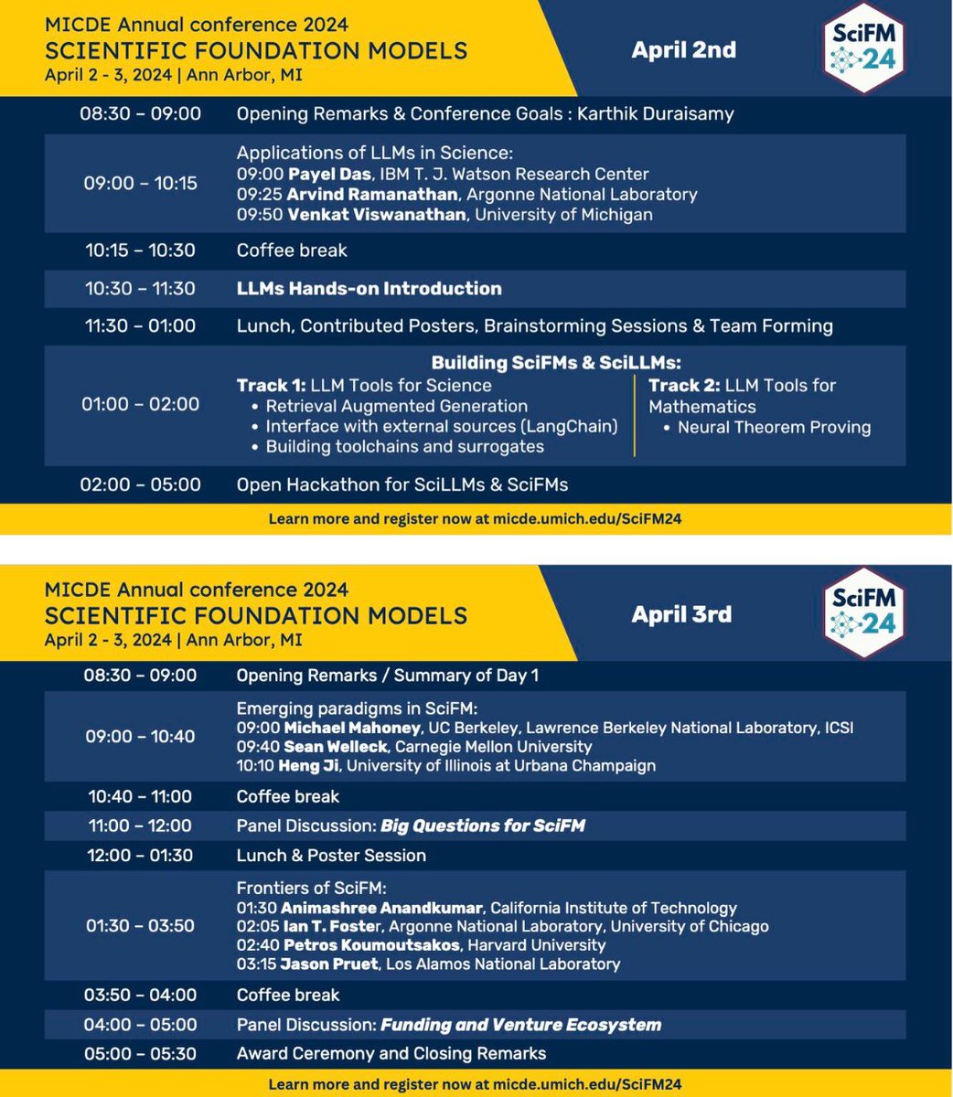 Excited to organize this conference dedicated to Scientific Foundations Model @UMich on April 2, 3! Workshops and Tutorials, incredible speaker covering wide range of topics, funding and venture ecosystem.