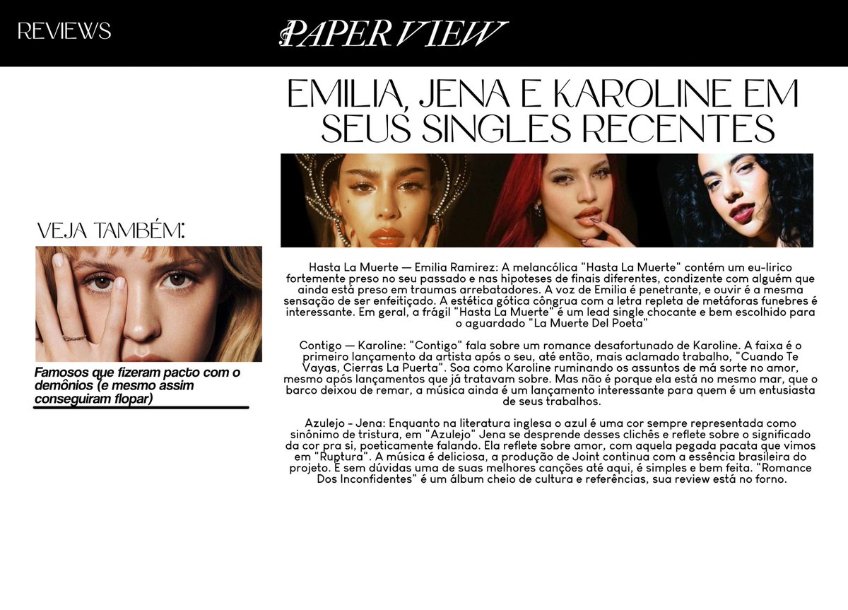 Confira a nossa review dos recentes singles de Jena, Emilia Ramirez e Karoline: