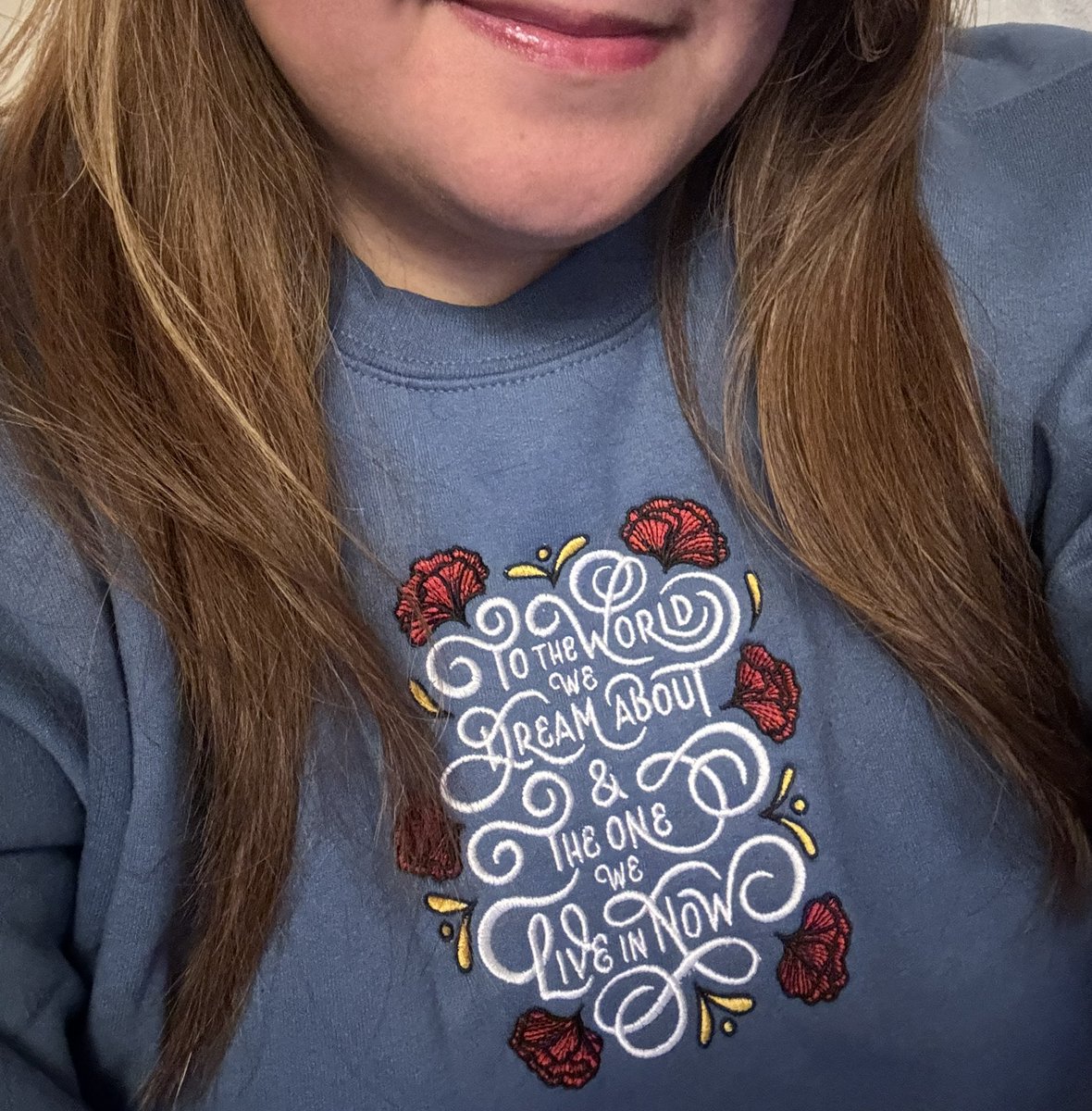 gracecalliart's tweet photo. Made a lettering piece from this Hadestown lyric and then had it made into an embroidered sweater! Can’t wait to wear it when I see the show again this week 🤩 https://t.co/CGi5Q9CWYG
