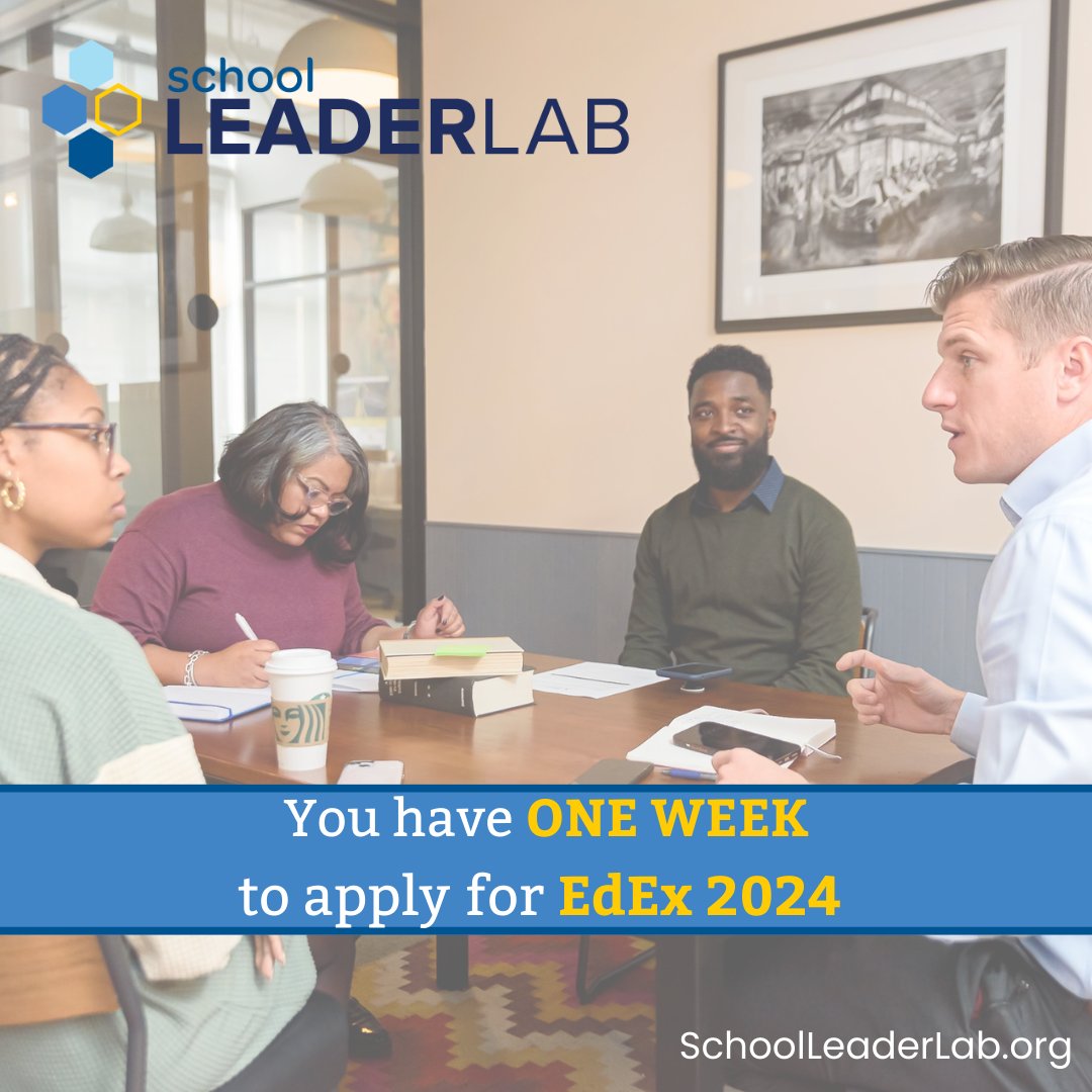 Attention leaders: You have one week left to apply for EdEx 2024! Gain a community of peers to increase your collective impact and create the conditions for your leaders, teams, and departments to thrive and drive outcomes.

Apply today: forms.gle/1cC6vwu2M8abKj…
