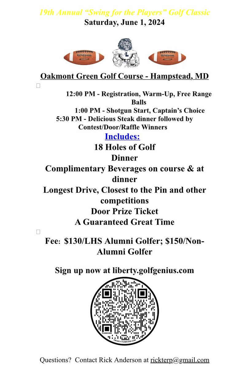Registration for the 2024 Liberty Football Golf Tournament is now open! 🏈 

When: Saturday, June 1 2024 🗓️ 
Where: Oakmont Green Golf Course, Hampstead MD⛳️ 

Use the link to register now ⬇️

🔗 liberty.golfgenius.com