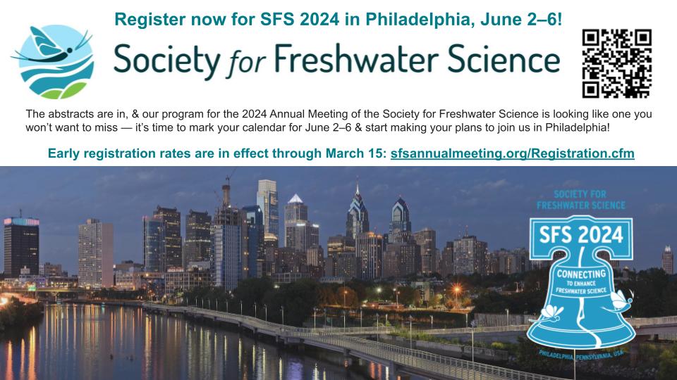 We're in *the final countdown* for early, discounted registration to attend our annual meeting, #2024SFS! Prices increase after 15 March. Consider joining us for a week of #freshwater #science in Philly in June! Direct link to meeting registration page: sfsannualmeeting.org/Registration.c…