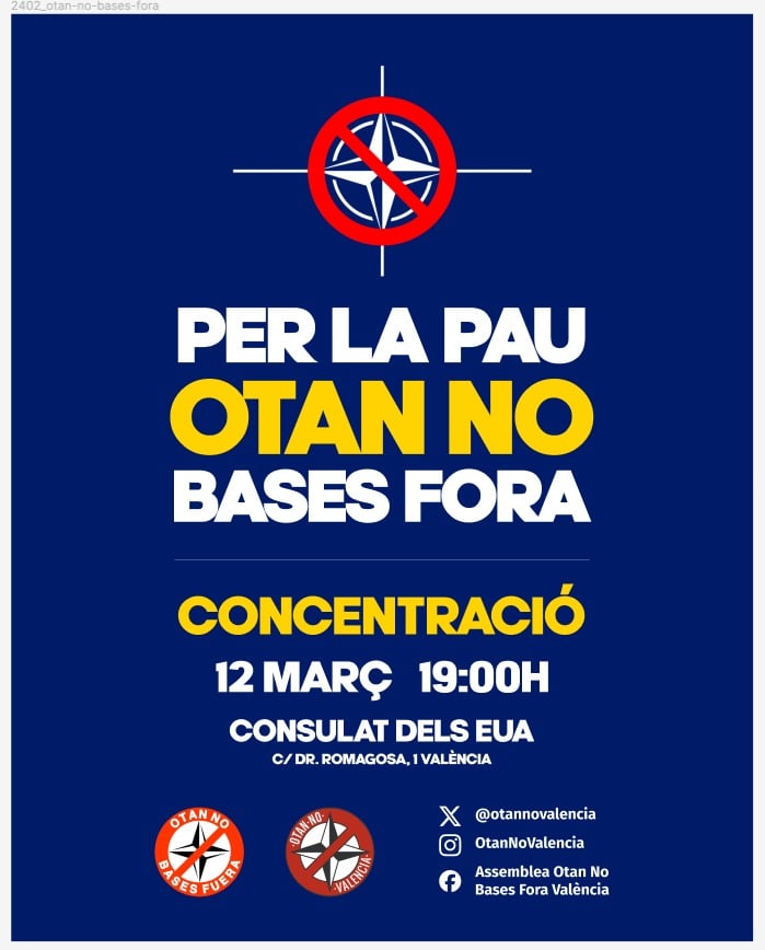 📢 Convocatòria de concentració davant del consulat dels #EUA per la pau🕊️ i contra les bases de l'OTAN✊ 🗓️ Dimarts 12 de març 🕖19h 📍c. Dr. Romagosa, 1, València. L'OTAN és el problema, no la solució. Per la pau i contra la barbàrie, t'hi esperem‼️