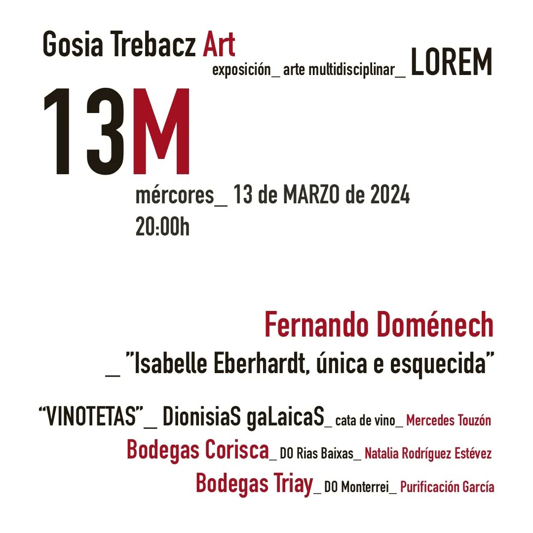 Estades convidados/as a este acto "enoliterario" no Circo de Artesáns de Coruña dentro de #EncontrosArtCoruña
#isabelleeberhardt <a href="/gosia_trebacz/">Gosia Trebacz</a> <a href="/MercedesTouzon/">MercedesTouzón</a>