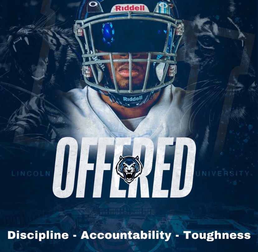After a great conversation with <a href="/coach__tuck/">Coach Tucker</a> I’m blessed to say I’ve received an offer from the University of Lincoln ! <a href="/titcus/">titcus pettigrew</a> <a href="/CoachMules/">Coach Mueller</a> <a href="/Kvjcathey6/">Coach K.C.</a>  <a href="/EDGYTIM/">Timothy “EDGYTIM” OHalloran</a> <a href="/CoachScottJames/">Scott James</a> <a href="/FBraidernation/">RaiderNationFB</a> <a href="/CoachChris_Roll/">Coach Chris Roll</a>