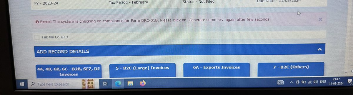 AnilRojed's tweet photo. DRC-01B Error while generating GSTR-1 summary for Feb-2024 month.
@Infosys_GSTN 
@cbic_india https://t.co/4BYAopYCTP