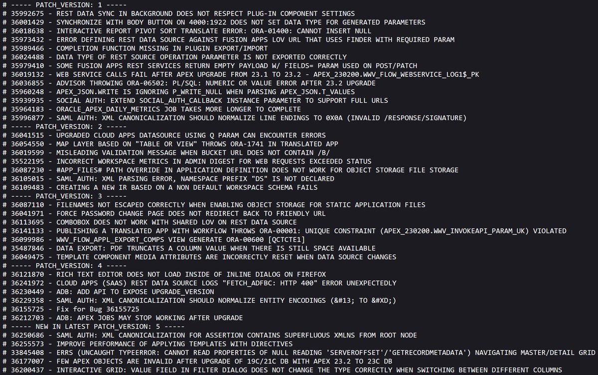 OliverLemm's tweet photo. APEX 23.2 Patchset 5 has been released today
Patch can be found on https://t.co/xtWocqHIT1
Patch 35895964: PSE BUNDLE FOR APEX 23.2 (PSES ON TOP OF 23.2.0)
Here is the full list of all solved bugs in the patchsets 1-5
#orclapex #patchset #apex232 #apex2325 @OracleAPEX https://t.co/7x4mpjqN5Z
