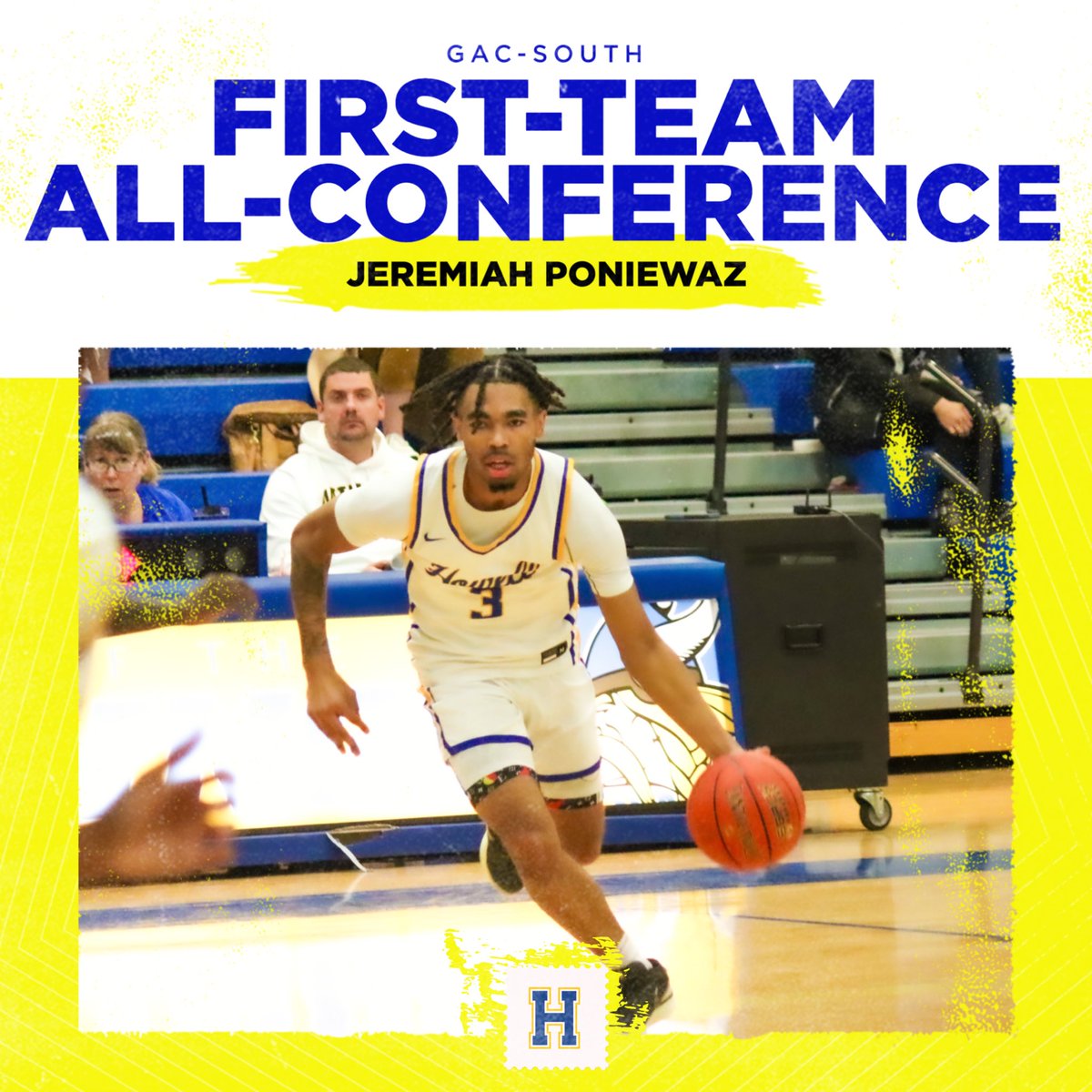 Congrats to Jeremiah Poniewaz <a href="/JeremiahPoniew1/">Jeremiah Poniewaz</a> on being selected first team all conference in the GAC SOUTH for the second year in a row. Avg 16ppg 3steals 4 assist and 83% from ft line. 🔵🟡🏀
