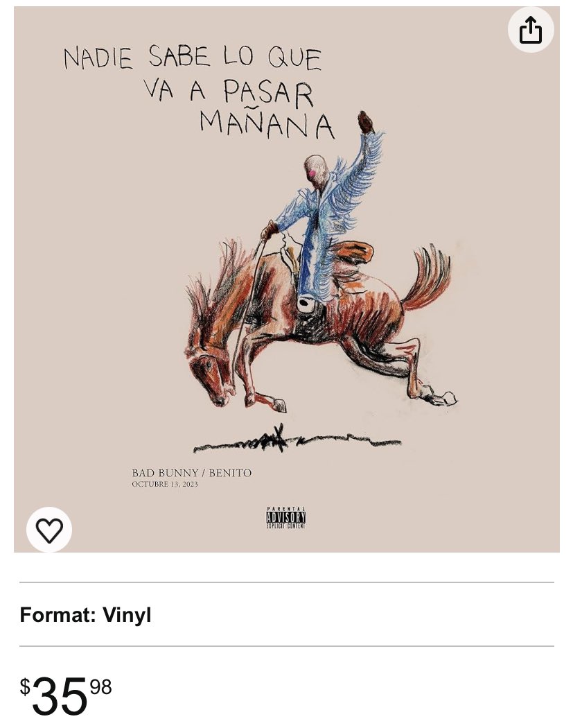 Bad Bunny’s “nadie sabe lo que va a pasar mañana” Vinyl is now available on Amazon. 🐎

Release in May 3, 2024. 

Pre-order NOW

a.co/d/10Sc76c