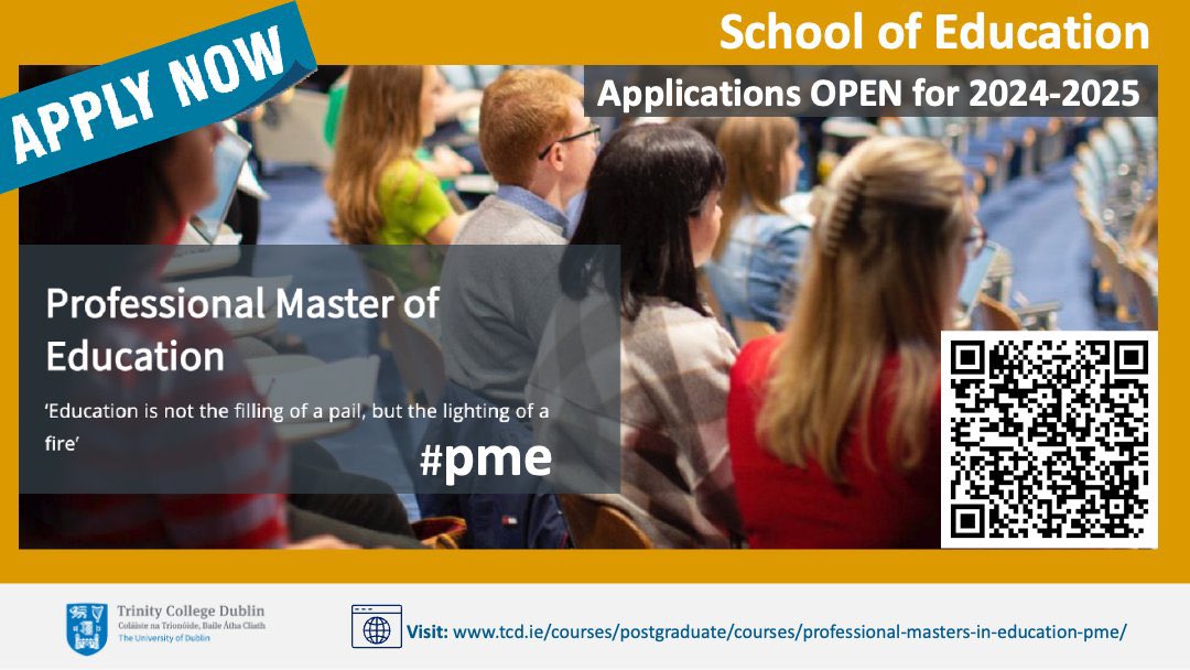 Thinking about a career in teaching? @tcddublin PME applications are open until the 20th of March 2024! You can apply here tcd.ie/courses/postgr… #PME #Teaching