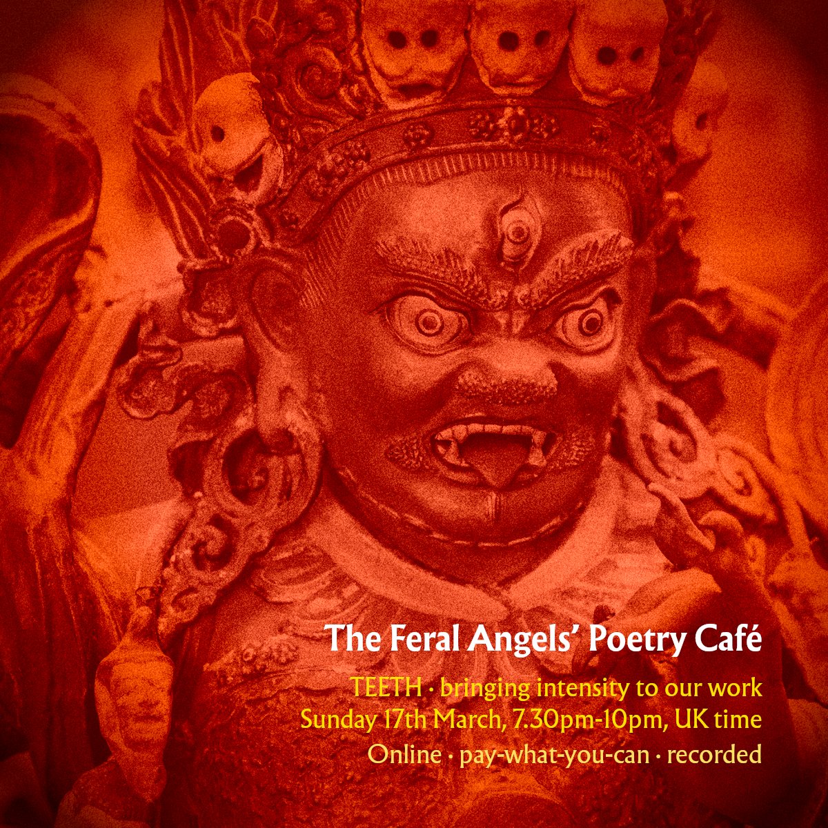 TEETH The next #FeralAngelsPoetryCafe. SUNDAY 17TH MARCH Intensity, hunger, ferocious boldness. What gives our work teeth? The blood and guts and ecstasy and grit between the words... It's like duende, but less holy. Perhaps. Come and explore with me. tomhirons.com/events/feral-a…