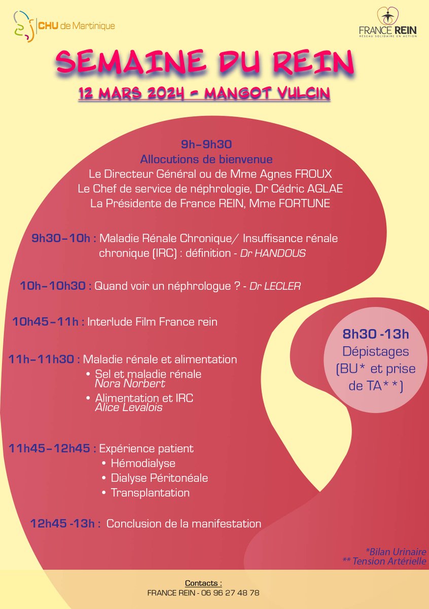 A l'occasion de la #semainedurein le hall de l'hôpital Mangot Vulcin du <a href="/CHUM972/">CHU de Martinique</a> accueille le grand public.
Venez vous faire dépister car c'est une pathologie silencieuse. <a href="/FranceRein/">France Rein</a> 

#Rein #nephrologie #dialyse #transplantation