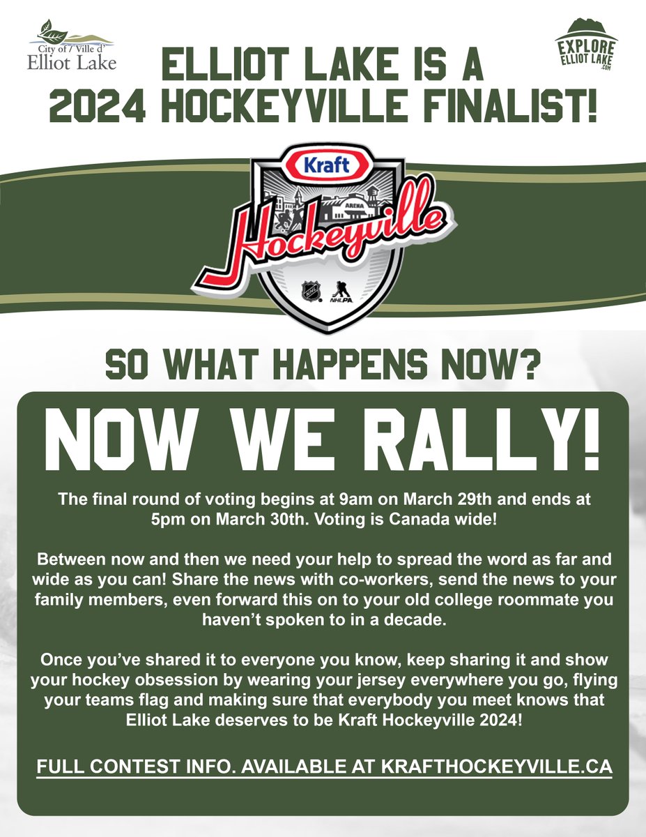 ElliotlakeON's tweet photo. Elliot Lake is officially a finalist for Kraft Hockeyville 2024!  

The final round of voting begins at 9am on March 29th and ends at 5pm on March 30th. 

FULL CONTEST INFO. AVAILABLE AT https://t.co/JxgdA2RL9K 

#exploreelliotlake #KraftHockeyville #krafthockeyville2024 #algoma https://t.co/fgY39zHbAt