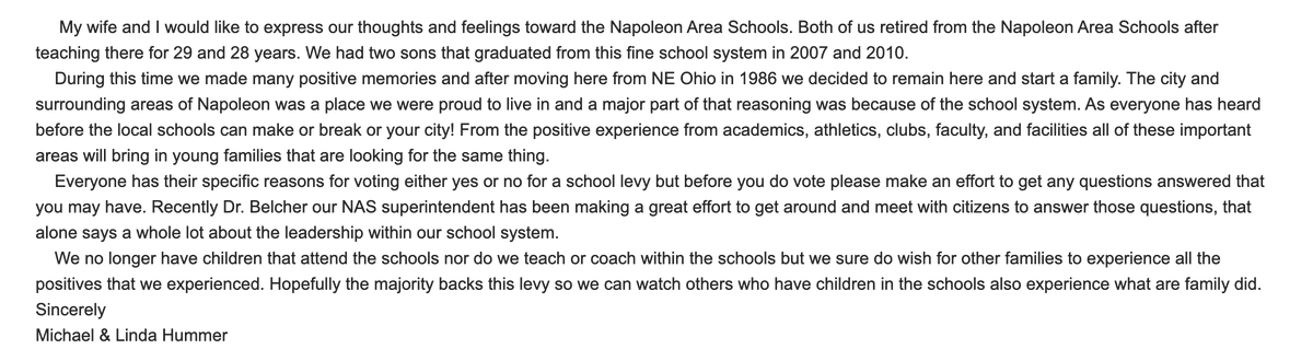 YESforNAS's tweet photo. Huge thanks to Michael & Linda Hummer for supporting the upcoming levy! Even though their school days are behind them, their wish is for other families to experience the positives they enjoyed. Let's back this levy for a brighter future! #YesforNAS https://t.co/ceYWT9CxwA