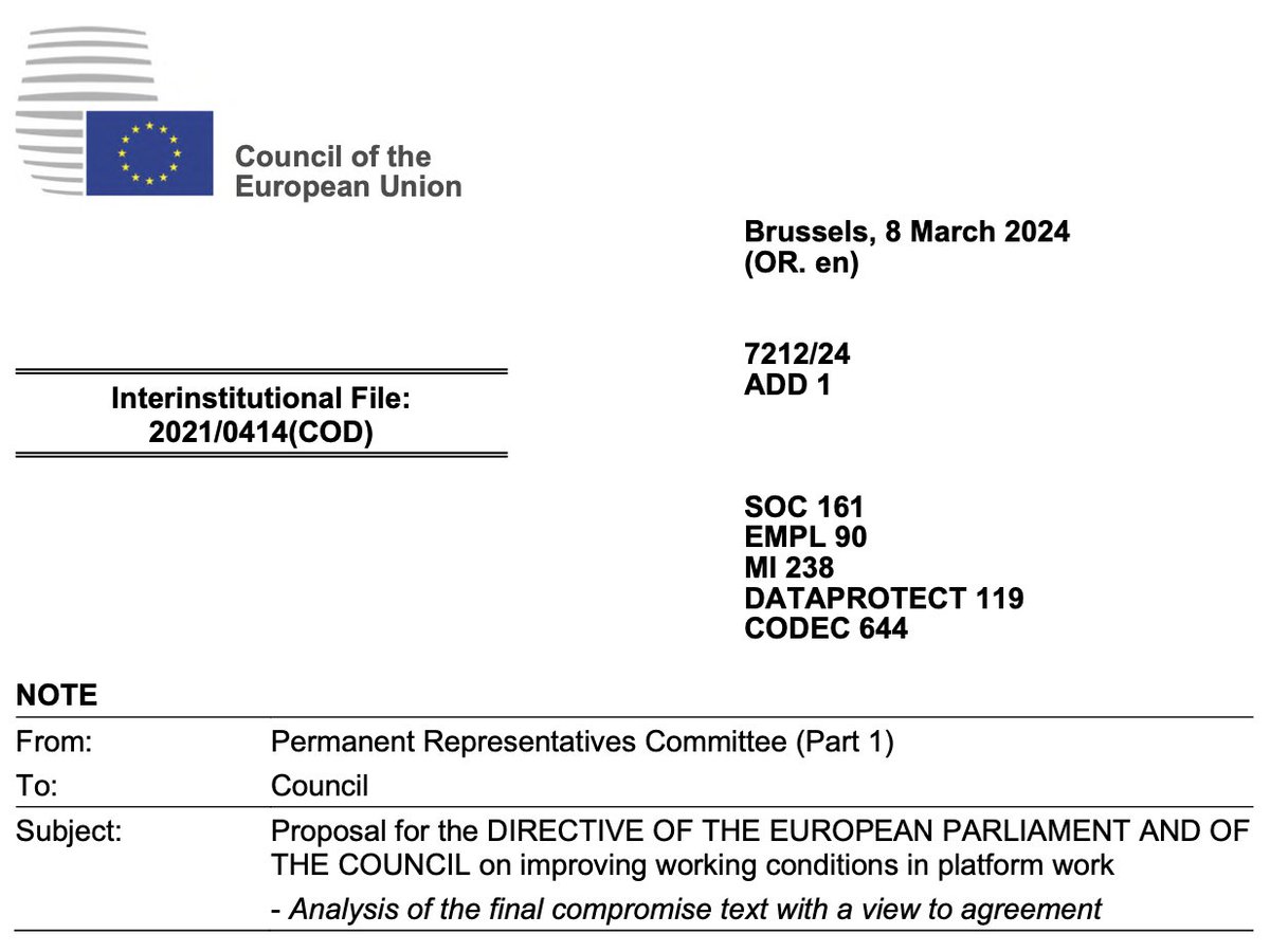 📢BREAKING NEWS - The Platform Work Directive has been agreed! This is great for #gigeconomy workers and platforms alike: MS will introduce presumptions of employment, and most importantly - it's the world's first comprehensive set of rules on #algorithmic #management! 🎉