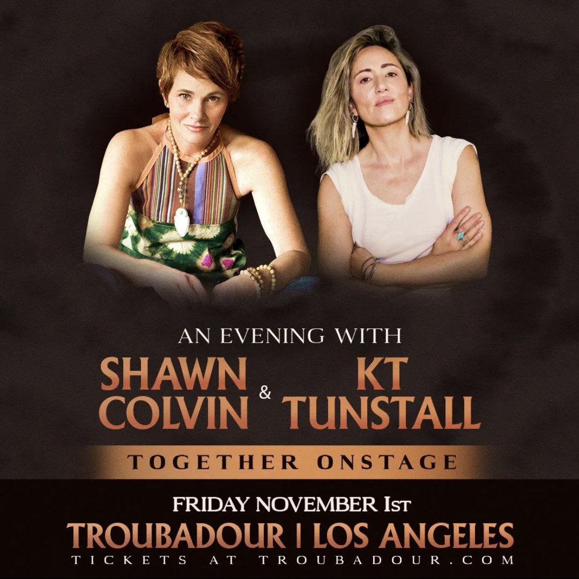 ✨ SHOW ANNOUNCEMENT!!! ✨ The amazing @KTTunstall and I are going on tour and have just added another show! This one is at the legendary @theTroubadour in Los Angeles, CA on November 1st. Hope to see you there! 🎟 TICKETS on sale 3/15 10am PST 🎟 ShawnColvinMusic.com