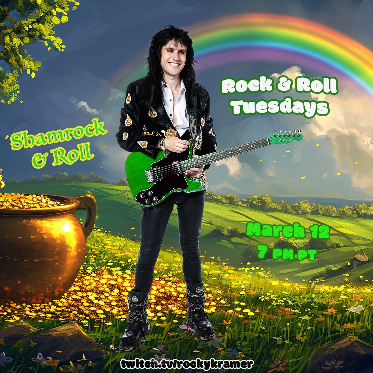 Rock & Roll Tuesdays: Shamrock & Roll March 12, 7 PM PT Search rockykramer on Twitch! #StPatricksDay #RockNRoll