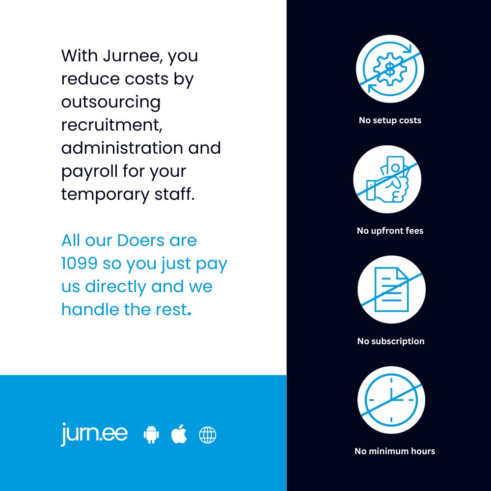 JurneeOfficial's tweet photo. With Jurnee, you reduce costs by outsourcing recruitment, administration and payroll for your temporary staff.

All our Doers are 1099 so you just pay us directly and we handle the rest.

https://t.co/1TZm4H30vM https://t.co/0Ohtn9q58j
