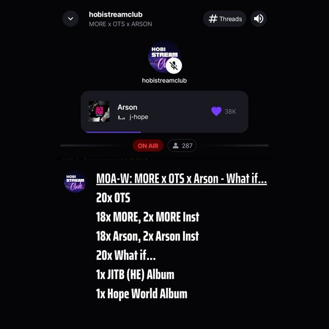 hobistreamclub's tweet photo. SESSION 2 on Stationhead has started!
📻 https://t.co/wfy603F373
Let's aim to have an average of 400 listeners to help gain 200,000 streams for whole j-hope's discography! 🔥
MORE x OTS x Arson - What if—https://t.co/zGSnQdDhSa
#jhope #HSCLiveStream #HOPE_ON_THE_STREET https://t.co/Mo7kHTy83a