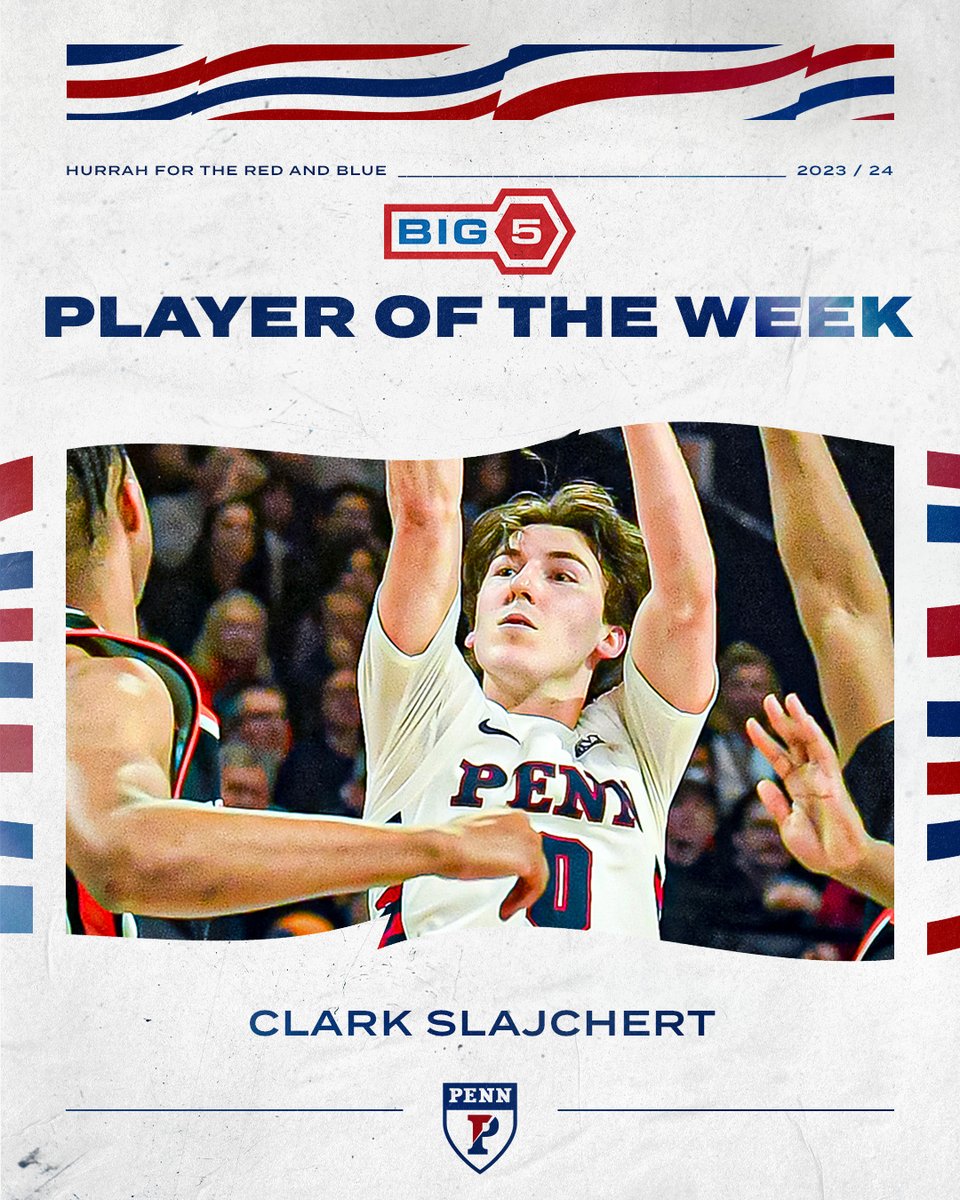 CLARK was named co-Big 5 Player of the Week after his 20-point outing which led us against Princeton on Saturday night. He finished his career with 1,030 points and had 20 double-figure games this season that included ten 20-point outings. #Whānau | #FightOnPenn 🔴🔵🏀