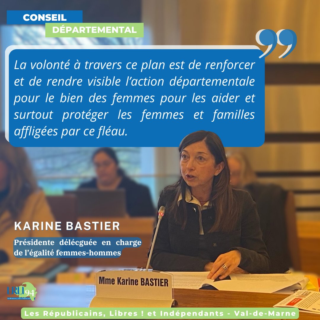 Les Républicains, Libres ! et Indépendants du 94 (@lrli_94) on Twitter photo 🟣 <a href="/karinebastier/">Karine Bastier</a> a présenté le rapport sur la situation en matière d'égalité femmes-hommes.
L'égalité femmes-hommes est une des grandes causes de notre mandature : le plan départemental de « lutte contre les violences faites aux femmes » en est le témoin. 🟣 <a href="/karinebastier/">Karine Bastier</a> a présenté le rapport sur la situation en matière d'égalité femmes-hommes.
L'égalité femmes-hommes est une des grandes causes de notre mandature : le plan départemental de « lutte contre les violences faites aux femmes » en est le témoin.