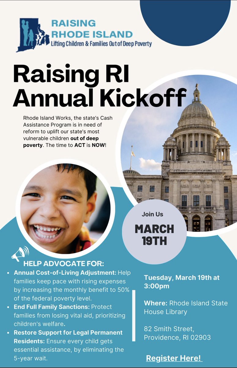 We are back again advocating to protect RI children &amp; families from deep poverty.

Please join us 3/19 as we launch our 2024 legislative priorities:
🌟Increase the RI works benefits
🌟Undo family sanctions
🌟Support the well-being of immigrant families

eventbrite.com/e/raising-ri-k…