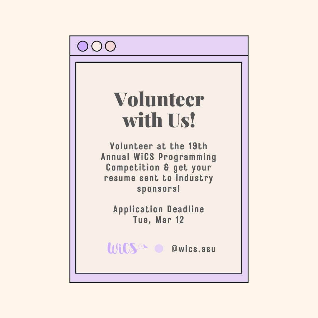 wics_asu's tweet photo. We need your help! Support the biggest WiCS event of the year by volunteering at the 19th Annual WiCS Programming Competition! Gain valuable service experience, as well as many perks! The deadline to apply is Tuesday, March 12th!

https://t.co/KmtYRruCjC https://t.co/yCeQ0kO9Tm