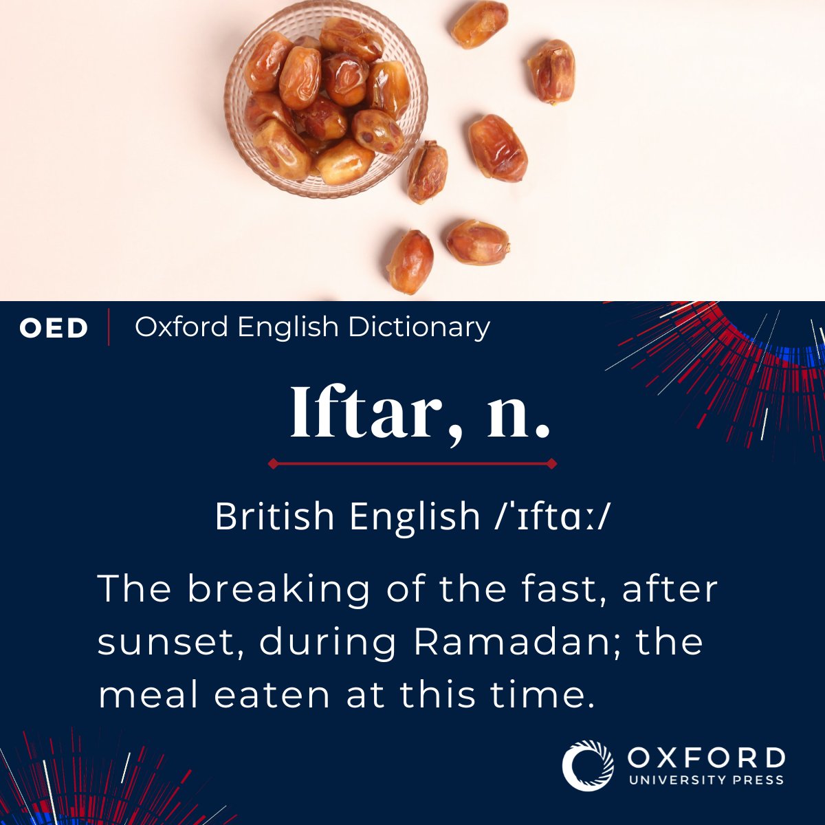 Did you know the word ‘Iftar’ refers to the breaking of the fast after sunset during #Ramadan?

Check out the OED entry to discover its etymology and earliest known use: oxford.ly/3P94TpO