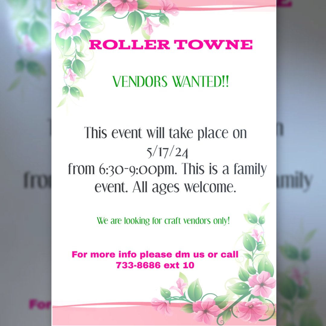 Roller Towne is searching for 6 talented craft vendors for our upcoming event on 5/17/2024! Don't miss out on this opportunity to showcase your creations to people of all ages. Send us a message if you're interested in joining us from 6:30-9:00pm. #craftvendors #allagesevent 🎨🛍️