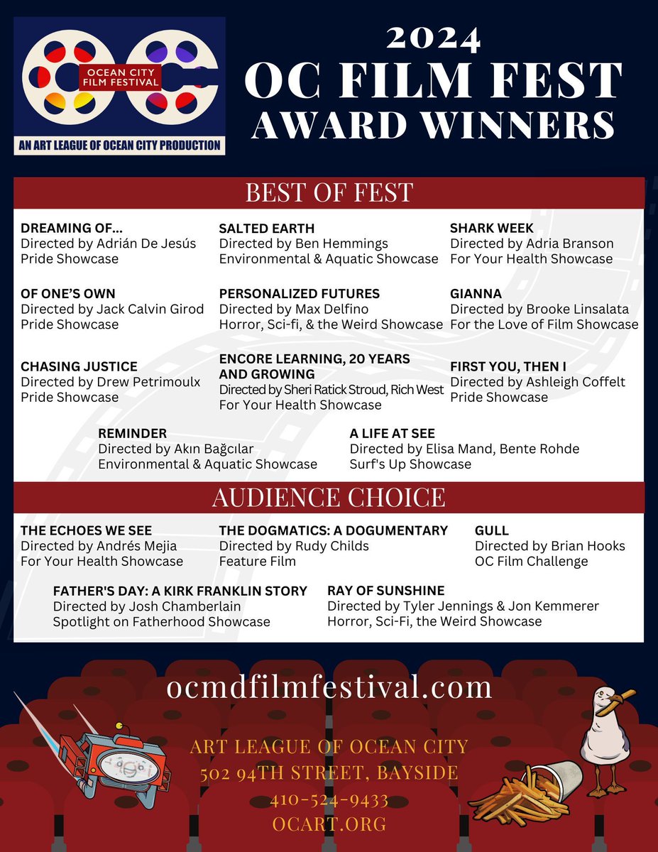 Congratulations to our 2024, "Best of Fest" and "Audience Choice" award winners!

Thank you to our film festival attendees, filmmakers, sponsors, volunteers, staff, panelists, jurors, and venues for bringing the 8th annual Ocean City Film Festival to life.