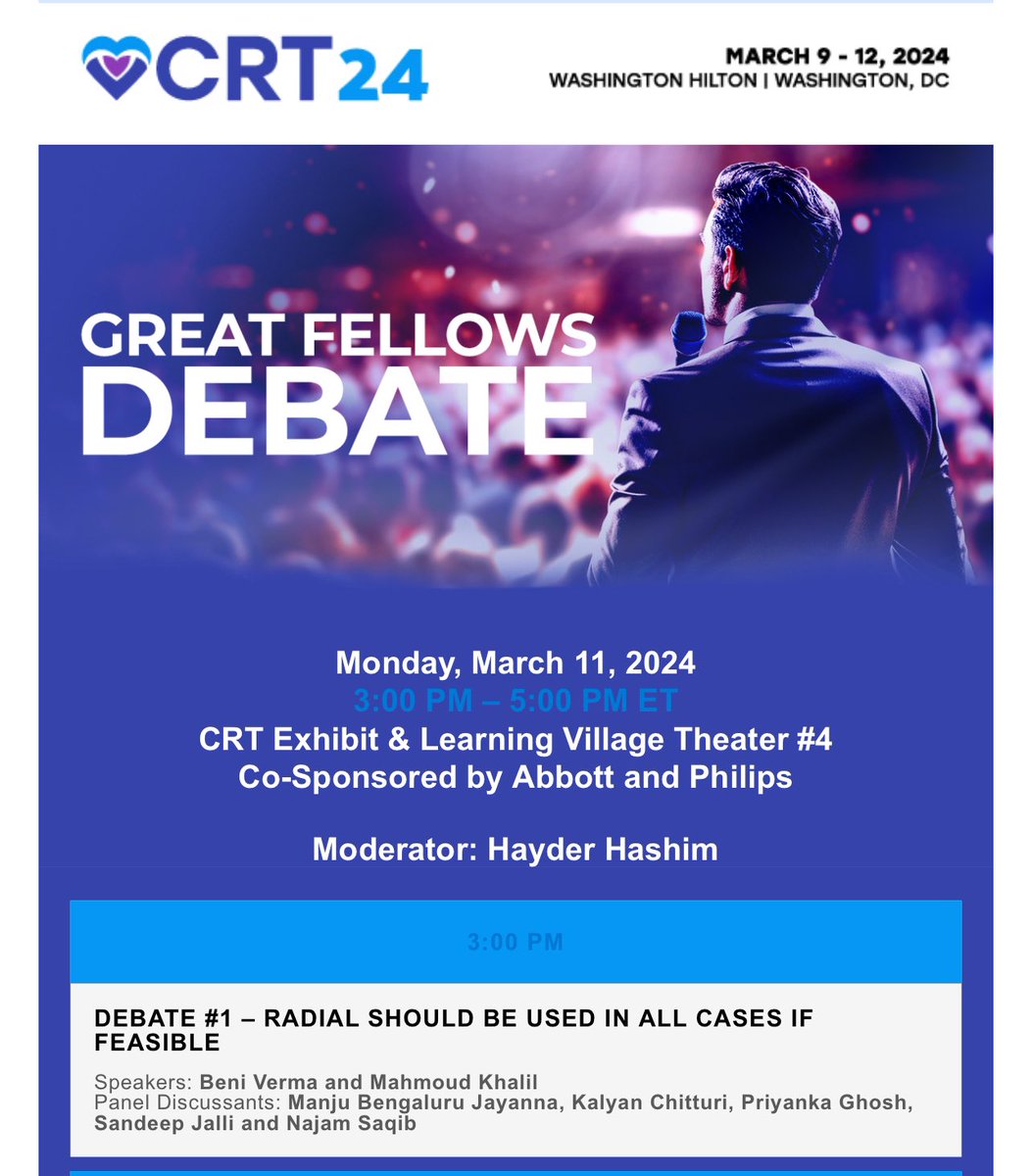 Come to the inaugural Great Fellows Debate at #CRT2024 in Exhibit Hall Theater #4!

#CardioTwitter #CardioX #MedEd