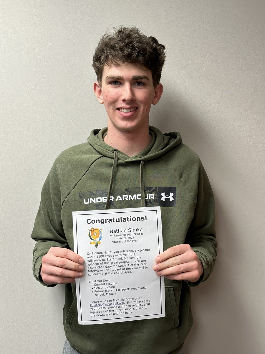 Congratulations to Nathan Simko. He was selected as the WHS Student of the Month for March! #bulletpride