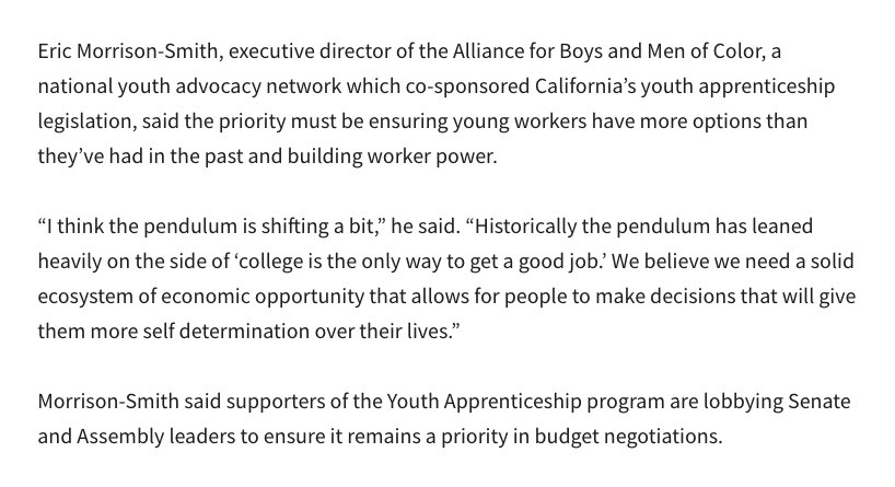 Thank you for highlighting this program, which will help youth get into quality apprenticeship programs and live self-determined lives. 'the priority must be ensuring young workers have more options than they’ve had in the past and building worker power.' - @EricAngelo_MS