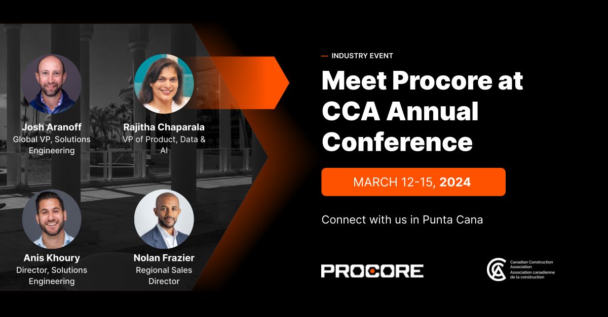 procoretech's tweet photo. We’re delighted to be a sponsor of the Canadian Construction Association’s 2024 Annual Conference, which starts tomorrow. The Procore team is really looking forward to the next few days! #CCAConference https://t.co/AVWNogU07P