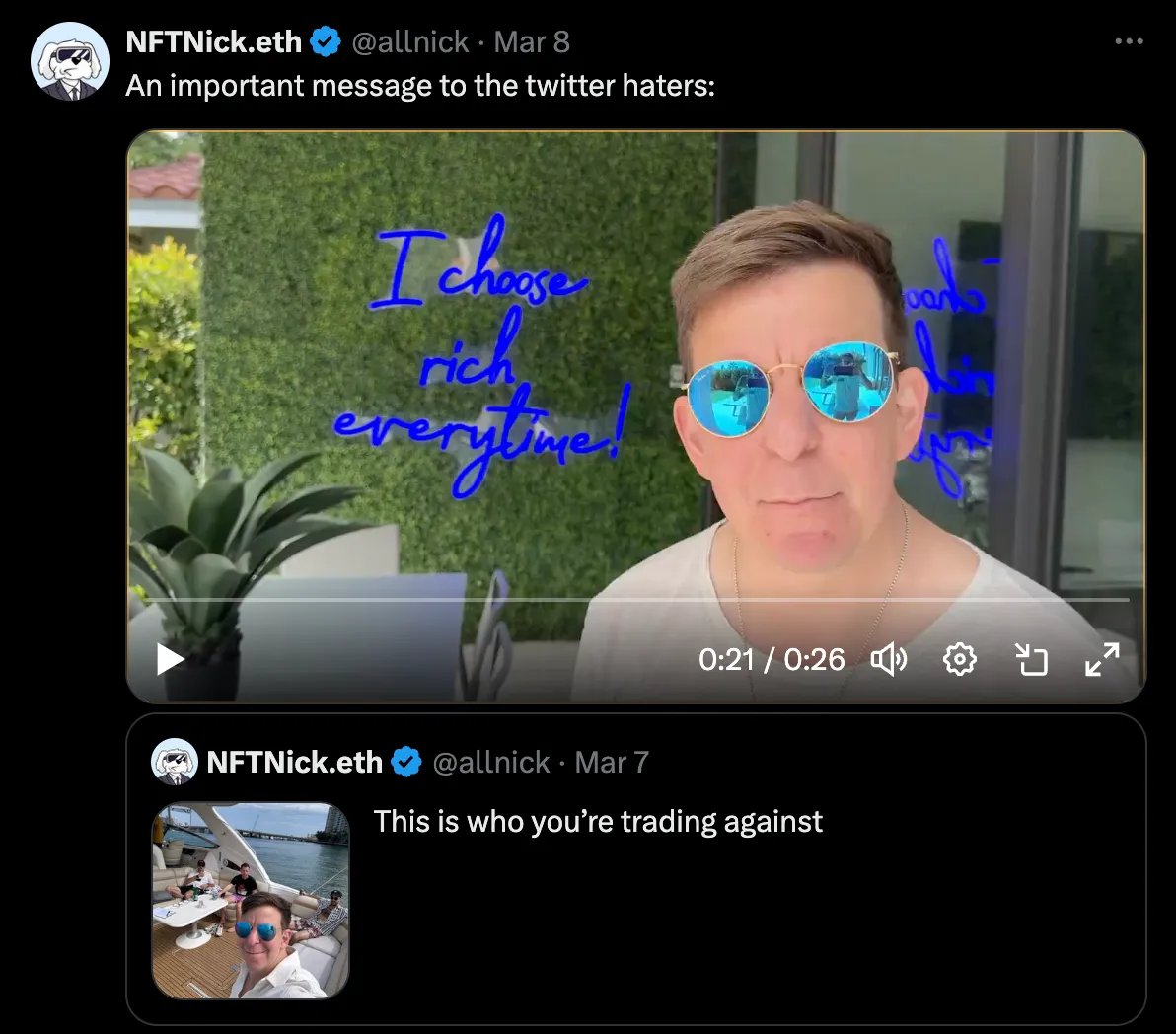 Choose Rich: meme turned memecoin It started with a tweet - a few crypto  bros on a yacht This tweet got 32M views. It went viral, everywhere. The  dunks in the quote