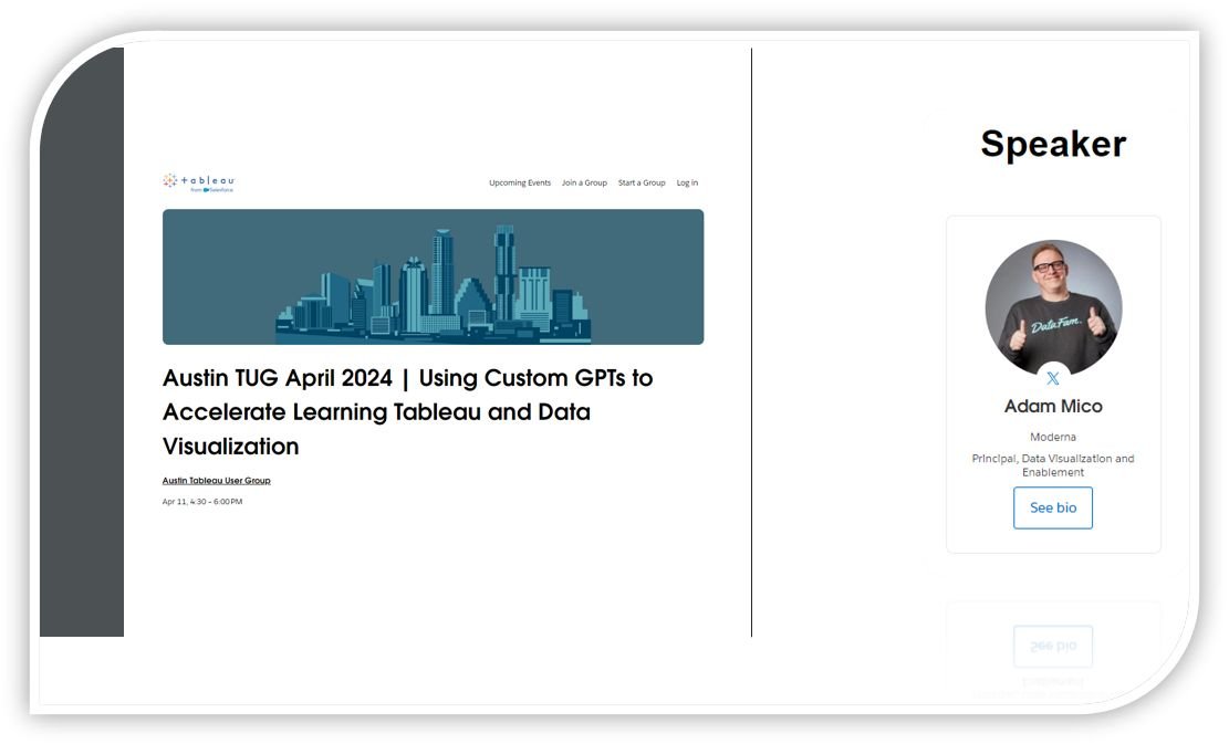 AdamMico1's tweet photo. Dive into custom GPT innovations at the #AustinTUG, April 11, 4:30-6 PM (Central Time)! Explore revolutionary learning &amp; data viz skills enhancement with me.🚀 Share your bold viz for live VizCritique Pro scoring. #DataFam Register now: https://t.co/YLm0ehCkQO https://t.co/D8BqK2w8nr